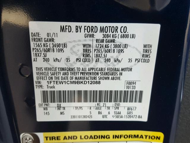 1FTEW1CM9BKD12088 - 2011 FORD F150 SUPER SILVER photo 10