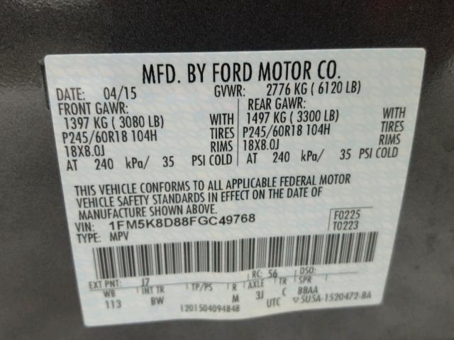 1FM5K8D88FGC49768 - 2015 FORD EXPLORER X GRAY photo 10