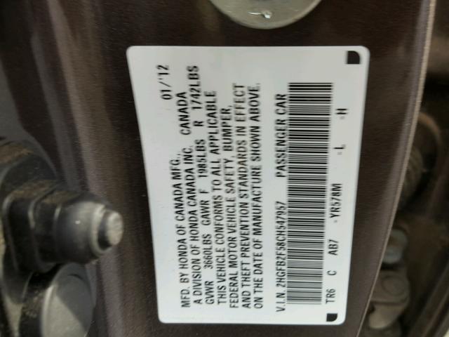 2HGFB2F58CH547957 - 2012 HONDA CIVIC LX BROWN photo 10