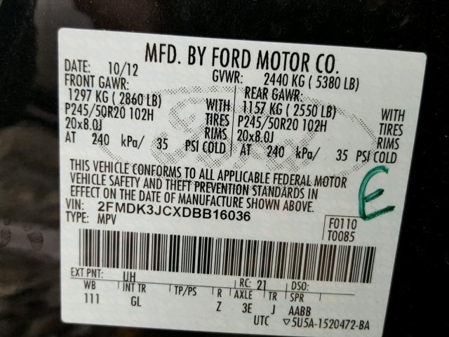 2FMDK3JCXDBB16036 - 2013 FORD EDGE SEL BLACK photo 10