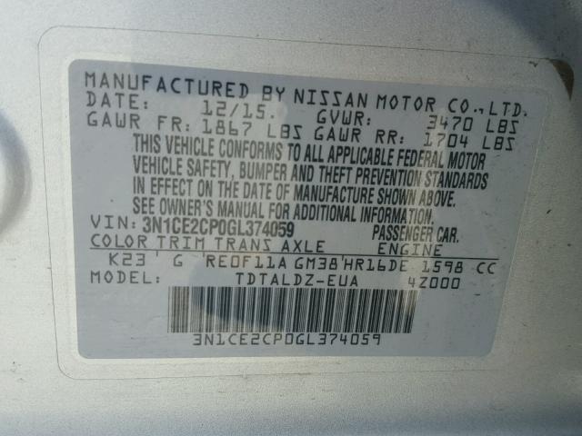 3N1CE2CP0GL374059 - 2016 NISSAN VERSA NOTE SILVER photo 10