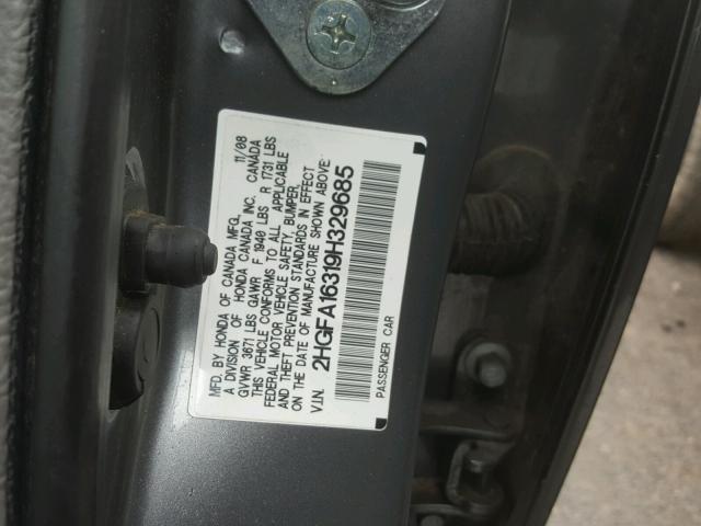 2HGFA16319H329685 - 2009 HONDA CIVIC VP GRAY photo 10