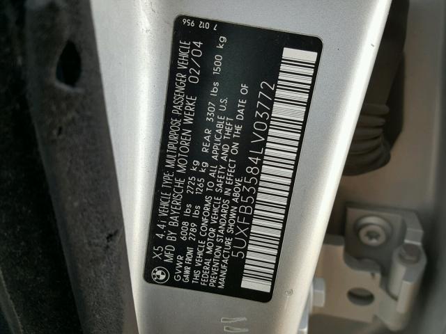 5UXFB53584LV03772 - 2004 BMW X5 4.4I SILVER photo 10