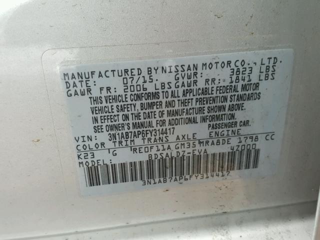 3N1AB7AP6FY314417 - 2015 NISSAN SENTRA S SILVER photo 10