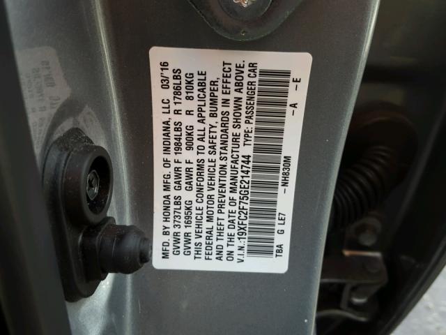 19XFC2F75GE214744 - 2016 HONDA CIVIC EX SILVER photo 10