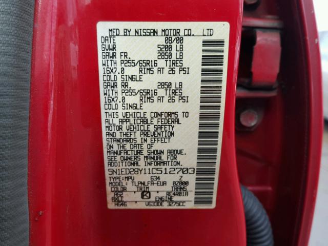 5N1ED28Y11C512703 - 2001 NISSAN XTERRA XE RED photo 10