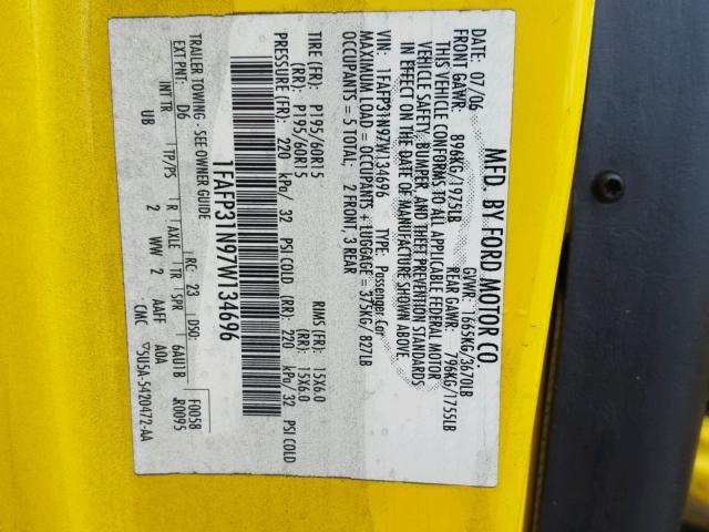 1FAFP31N97W134696 - 2007 FORD FOCUS ZX3 YELLOW photo 10