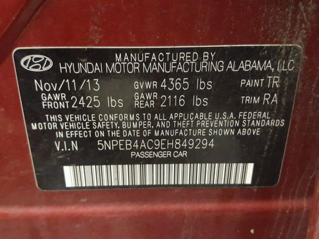 5NPEB4AC9EH849294 - 2014 HYUNDAI SONATA GLS RED photo 10