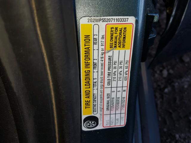 2G2WP552071103337 - 2007 PONTIAC GRAND PRIX BLUE photo 10