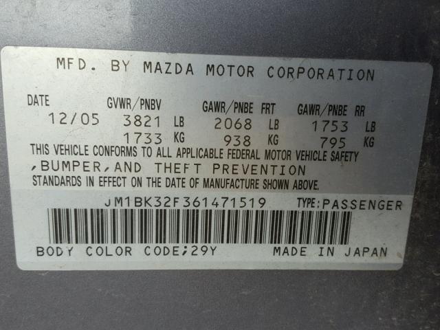 JM1BK32F361471519 - 2006 MAZDA 3 I GRAY photo 10