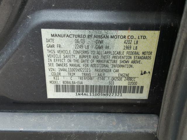 1N4AL11D05N922321 - 2005 NISSAN ALTIMA S GRAY photo 10