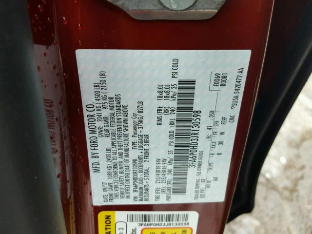 3FA6P0HD3JR130598 - 2018 FORD FUSION SE RED photo 10