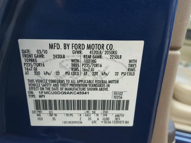 1FMCU0DG9AKC45941 - 2010 FORD ESCAPE XLT BLUE photo 10