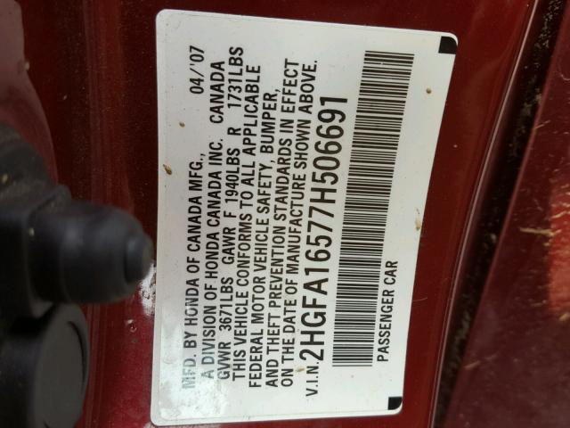 2HGFA16577H506691 - 2007 HONDA CIVIC LX MAROON photo 10