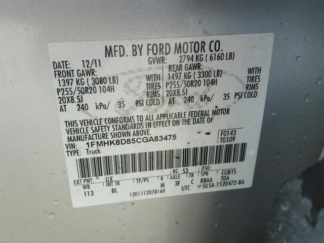 1FMHK8D85CGA83475 - 2012 FORD EXPLORER X SILVER photo 10