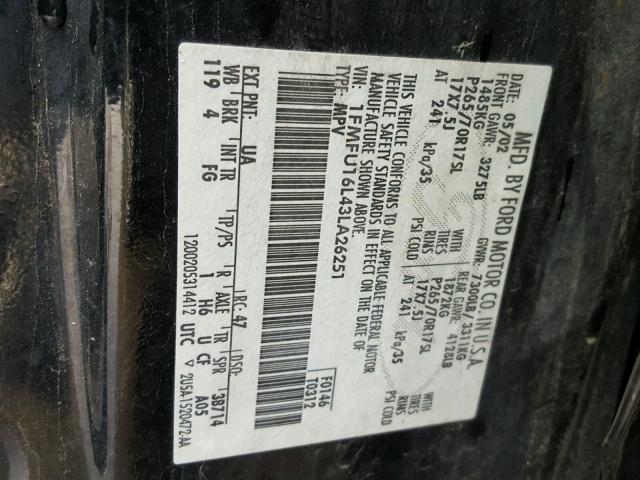 1FMFU16L43LA26251 - 2003 FORD EXPEDITION BLACK photo 10