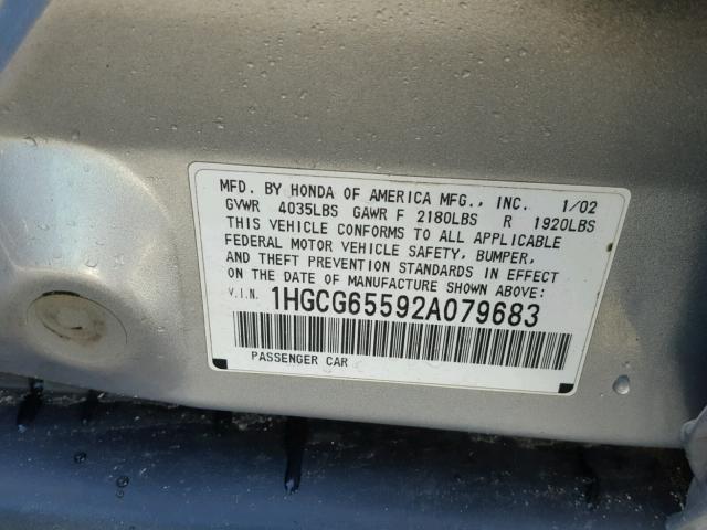 1HGCG65592A079683 - 2002 HONDA ACCORD LX SILVER photo 10