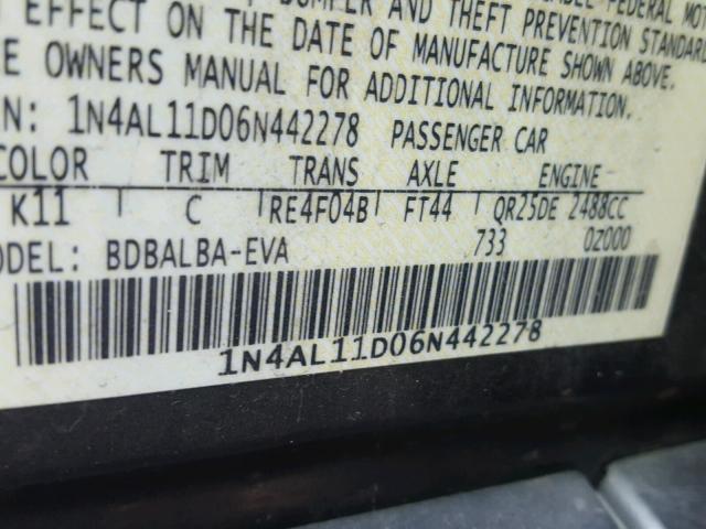 1N4AL11D06N442278 - 2006 NISSAN ALTIMA S GRAY photo 10