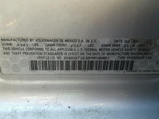 3VWSG71K35M608481 - 2005 VOLKSWAGEN NEW JETTA SILVER photo 10