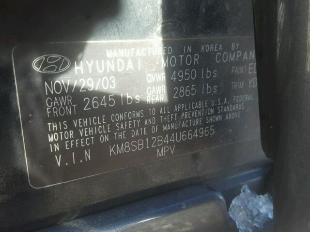 KM8SB12B44U664965 - 2004 HYUNDAI SANTA FE G BLACK photo 10