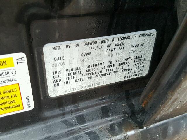 KL1TD566X8B115934 - 2008 CHEVROLET AVEO BASE Czarny zdjęcie 10