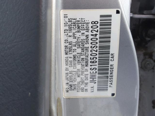 JHMES16502S004208 - 2002 HONDA CIVIC LX SILVER photo 10