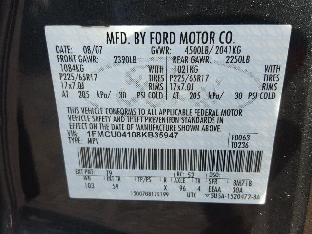 1FMCU04108KB35947 - 2008 FORD ESCAPE LIM GRAY photo 10