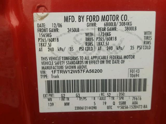 1FTRW12W57FA56200 - 2007 FORD F150 SUPER RED photo 10