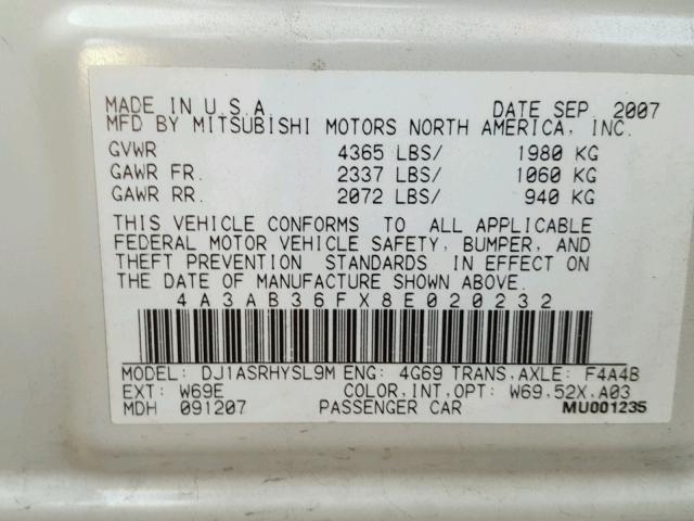 4A3AB36FX8E020232 - 2008 MITSUBISHI GALANT ES WHITE photo 10