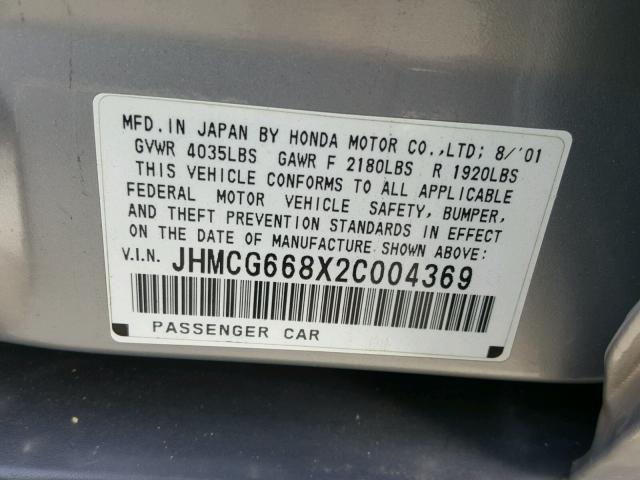 JHMCG668X2C004369 - 2002 HONDA ACCORD EX SILVER photo 10