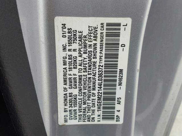 1HGEM22144L036372 - 2004 HONDA CIVIC DX V SILVER photo 10