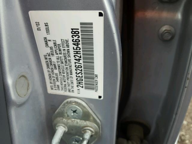 2HGES26742H546381 - 2002 HONDA CIVIC EX ვერცხლისფერი ფოტო 10