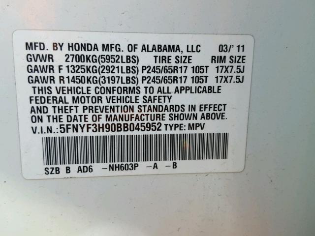 5FNYF3H90BB045952 - 2011 HONDA PILOT TOUR WHITE photo 10