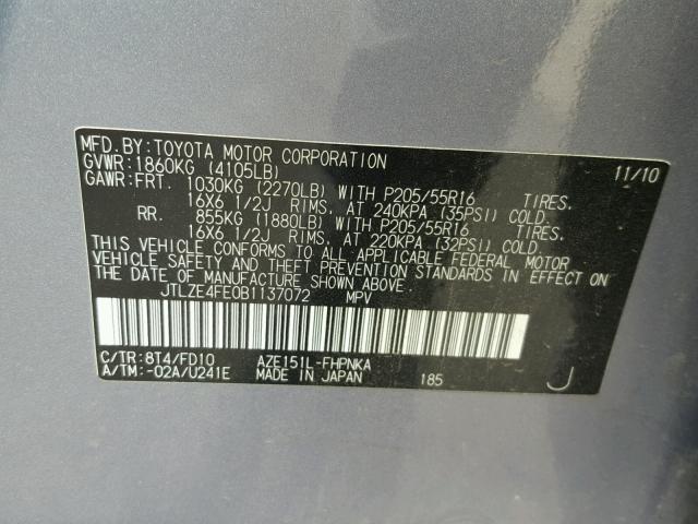 JTLZE4FE0B1137072 - 2011 TOYOTA SCION XB 蓝色 照片 10