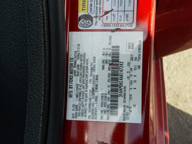 3FAHP0KC4AR147242 - 2010 FORD FUSION SPO RED photo 10