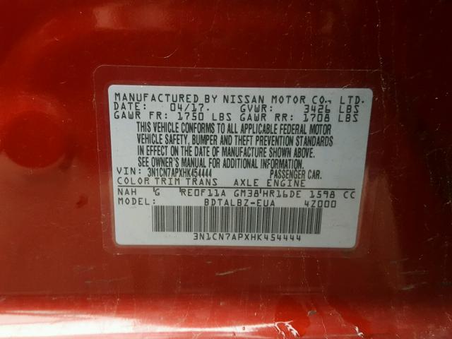 3N1CN7APXHK454444 - 2017 NISSAN VERSA S RED photo 10