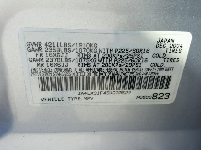 JA4LX31F45U033624 - 2005 MITSUBISHI OUTLANDER GRAY photo 10