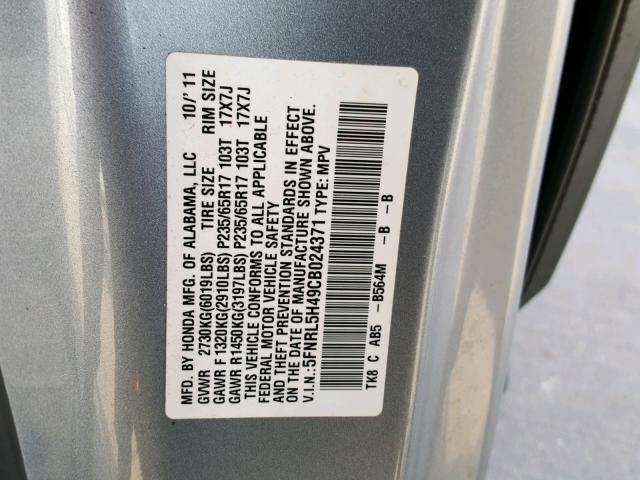 5FNRL5H49CB024371 - 2012 HONDA ODYSSEY EX BLUE photo 10