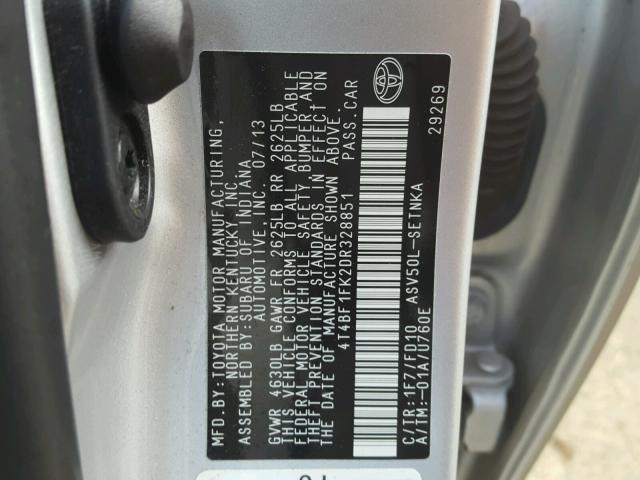 4T4BF1FK2DR328851 - 2013 TOYOTA CAMRY L SILVER photo 10