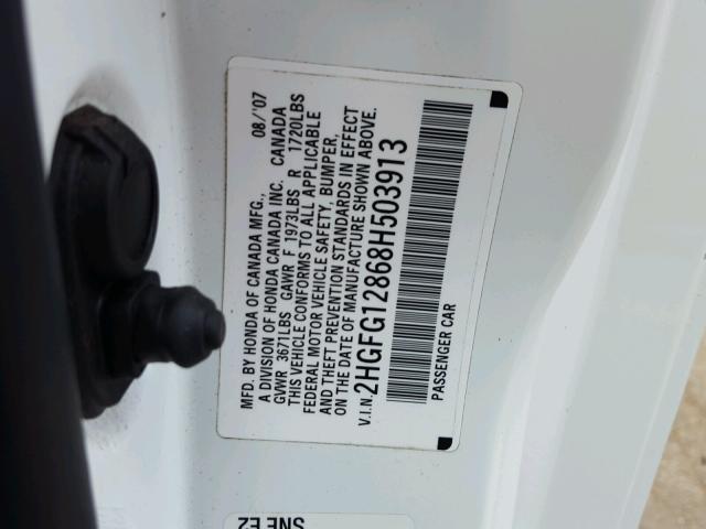 2HGFG12868H503913 - 2008 HONDA CIVIC EX თეთრი ფოტო 10