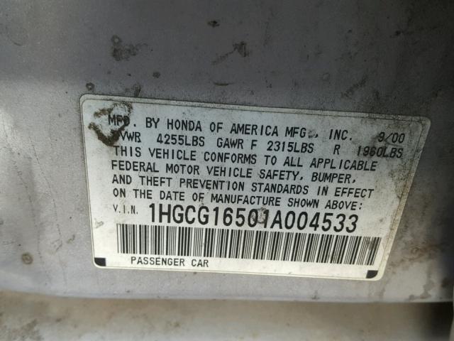 1HGCG16501A004533 - 2001 HONDA ACCORD EX SILVER photo 10