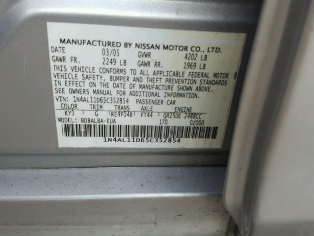 1N4AL11D65C352854 - 2005 NISSAN ALTIMA S SILVER photo 10