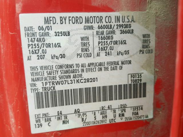 1FTRW07L31KC28201 - 2001 FORD F150 SUPER RED photo 10