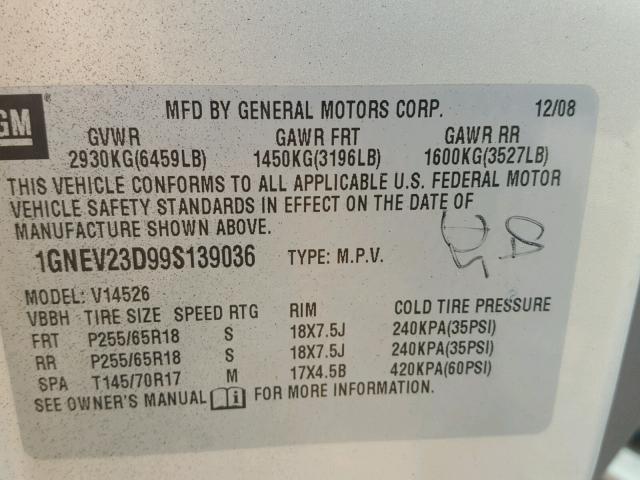 1GNEV23D99S139036 - 2009 CHEVROLET TRAVERSE L GOLD photo 10