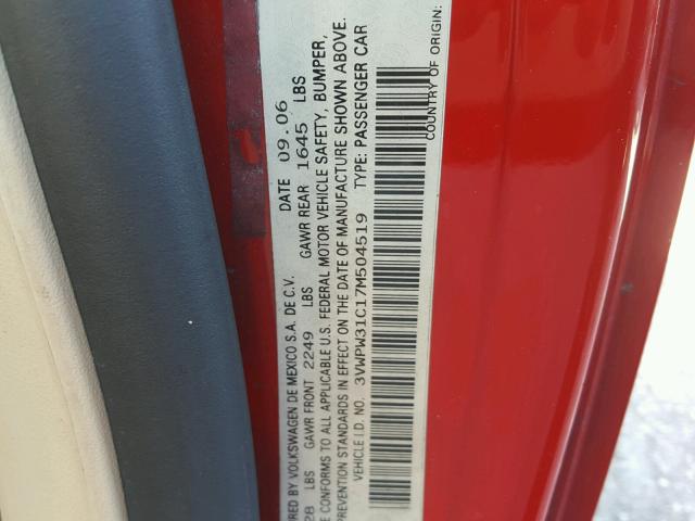 3VWPW31C17M504519 - 2007 VOLKSWAGEN NEW BEETLE 红色 照片 10