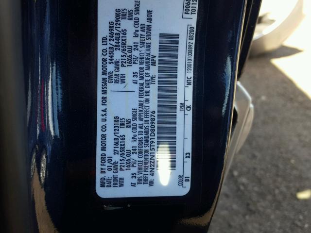 4N2ZN15T91D809876 - 2001 NISSAN QUEST GXE BLUE photo 10