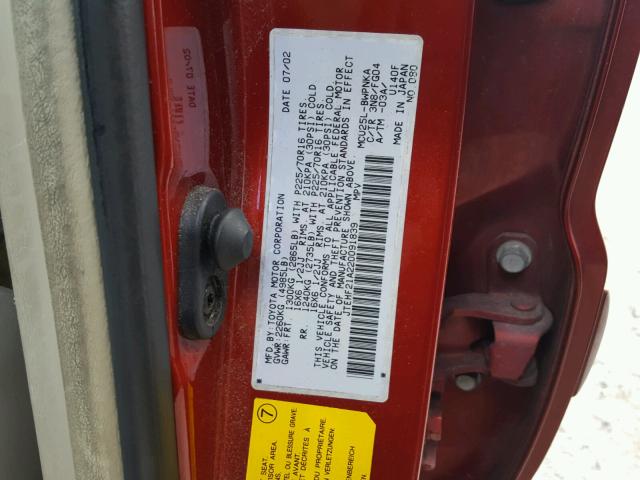 JTEHF21A220091839 - 2002 TOYOTA HIGHLANDER RED photo 10