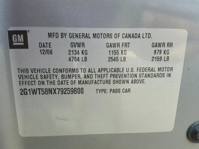 2G1WT58NX79259800 - 2007 CHEVROLET IMPALA LT GRAY photo 10