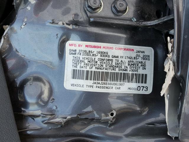 JA3AJ26E66U061997 - 2006 MITSUBISHI LANCER ES GRAY photo 10