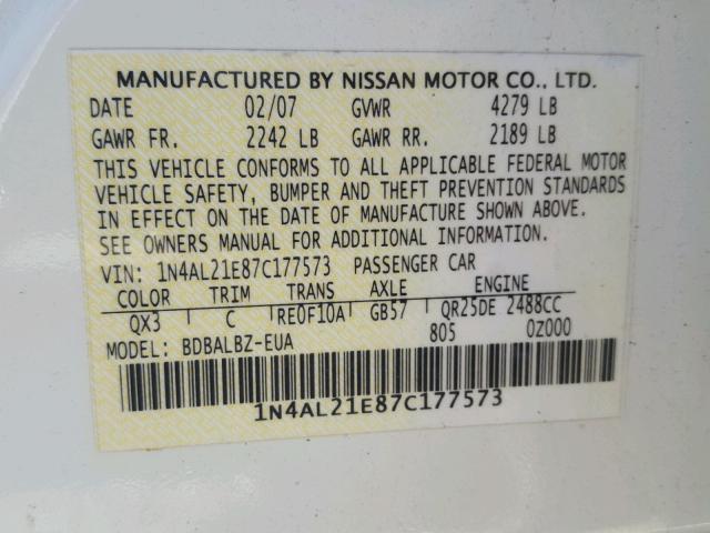 1N4AL21E87C177573 - 2007 NISSAN ALTIMA 2.5 WHITE photo 10